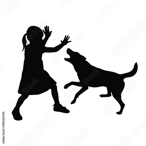 A girl is playing with a dog. The dog is jumping up and the girl is waving. The dog is black and white