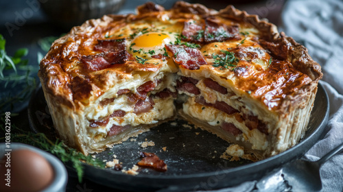 Delicious bacon and egg pie, a perfect homemade savory treat. AI generative. photo