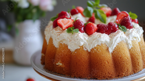 Airy and soft angel food cake, perfect dessert for celebrations. AI generative. photo