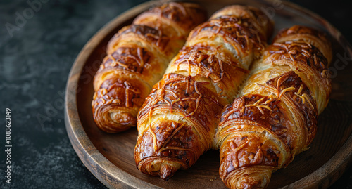 Croissants on a wooden plate in a bakery. Three golden-brown croissants are arranged on a wooden plate, showcasing their flaky texture and delicious aroma.