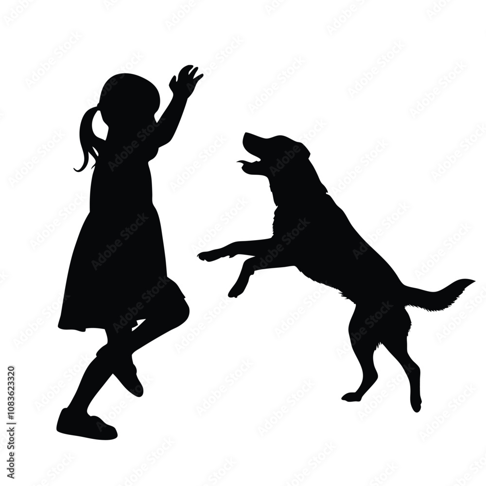 A girl is playing with a dog. The dog is jumping up and the girl is waving. The dog is black and white