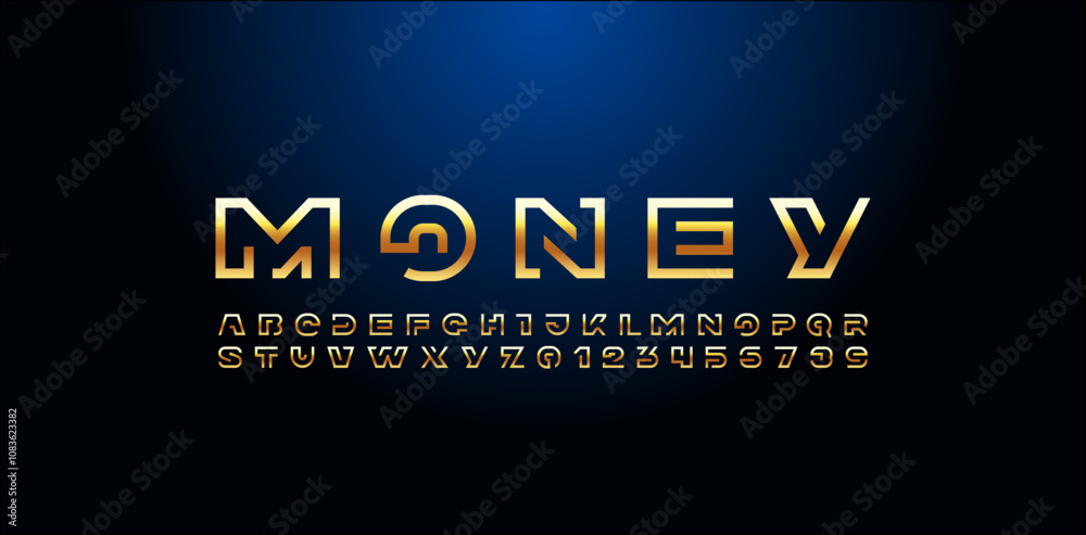 Fototapeta premium Modern font golden alphabet from segment line, technology style gold letters from A to Z and numbers from 0 to 9, vector illustration 10EPS.