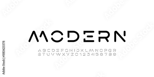 Trendy font, digital cyber alphabet made sport style, letters A, B, C, D, E, F, G, H, I, J, K, L, M, N, O, P, Q, R, S, T, U, V, W, X, Y, Z and numerals 0, 1, 2, 3, 4, 5, 6, 7, 8, 9.