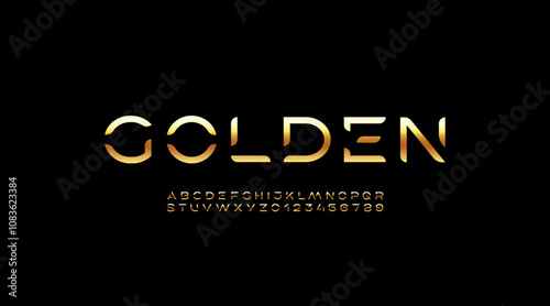 Golden font, digital cyber alphabet made gold style, letters A, B, C, D, E, F, G, H, I, J, K, L, M, N, O, P, Q, R, S, T, U, V, W, X, Y, Z and numerals 0, 1, 2, 3, 4, 5, 6, 7, 8, 9.