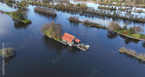 loosdrechtse plassen, water village, house on water, nature of The Netherlands. Breukelen, Scheendijk, aerial drone view. photo