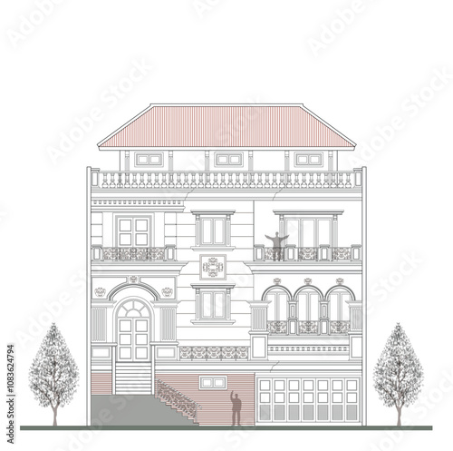 Facade of 4 storeys asymmetrical modern classic house with 3 doors, 10 windows, long balustrade, frame, 6 columns, decoration, canopy, crowns, balcony and trapezoidal roof.