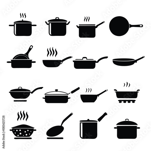 A set of black and white cooking utensils and pots. The utensils include a spatula, a ladle, and a spoon. The pots include a frying pan, a saucepan, and a casserole dish