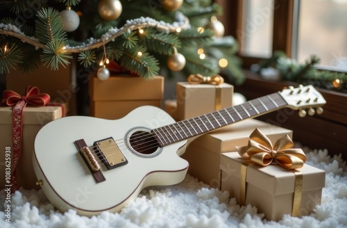 white guitar with big golden bow lying near stack present boxes under Christmas tree