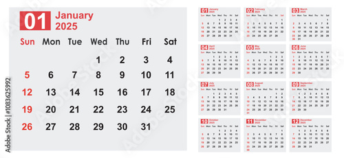 Editable calendar 2025 vector illustration, Calendar date plan 2025 Template.  yearly calendar 2025