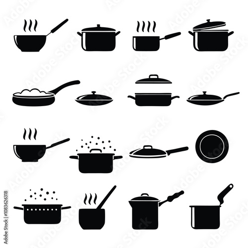 A set of black and white cooking utensils and pots. The utensils include a spatula, a ladle, and a spoon. The pots include a frying pan, a saucepan, and a casserole dish