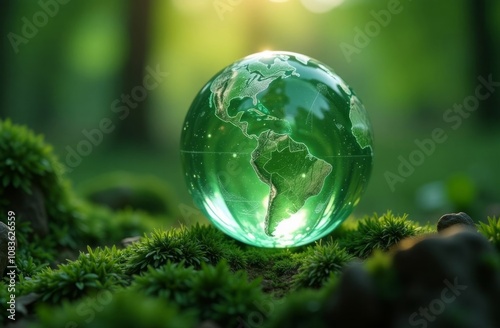 Glowing glass planet earth on green natural background, ecology concept