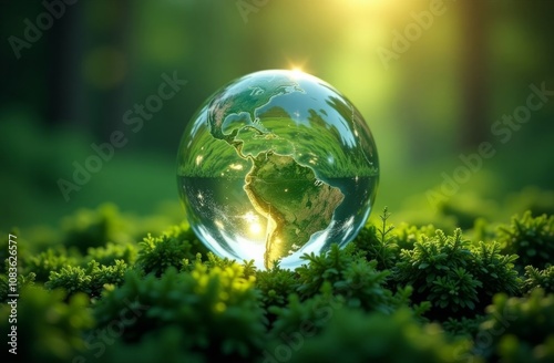 Glowing glass planet earth on green natural background, ecology concept