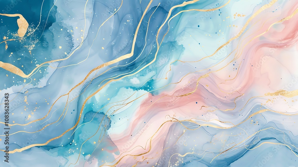 Fototapeta premium Abstract fluid art with blue, pink, and gold tones, creating a serene and elegant visual effect.