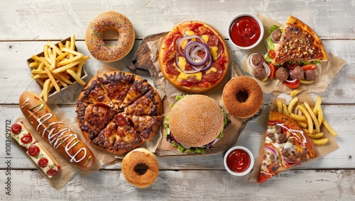 Fast Food Feast: A Delicious Spread of Pizza, Burgers, and More