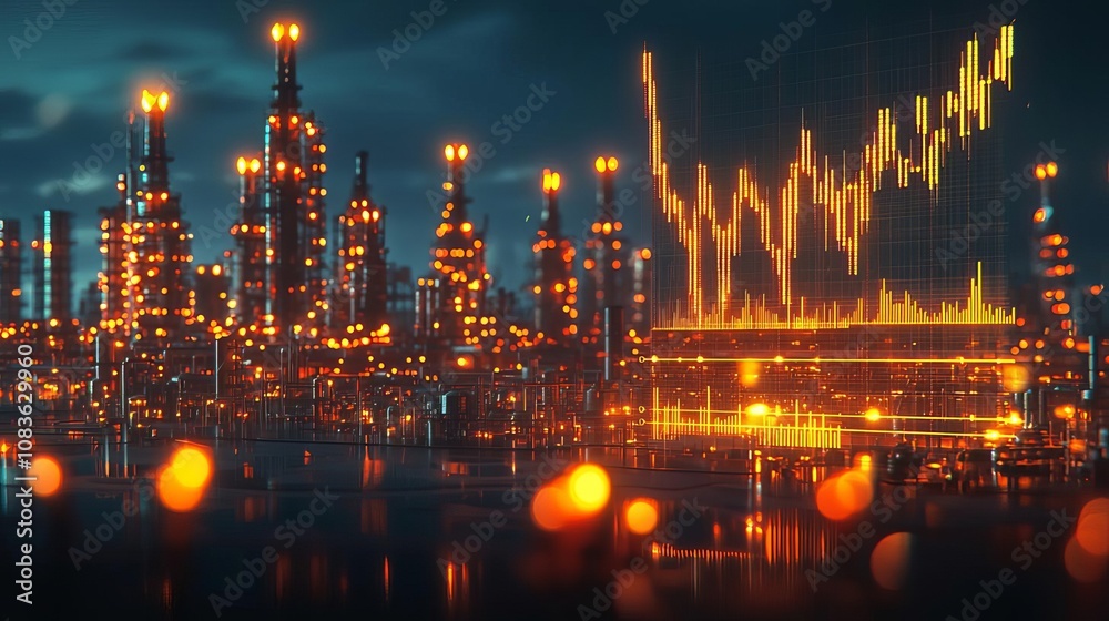 Fototapeta premium Energy Stock Power Generation Oil refinery in the background with energy stock fluctuations on a glowing graph, power generation theme, 3D illustration