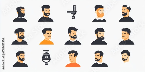 This image shows 12 different icons related to barbershops and haircuts. The icons are designed to be used for a variety of purposes, like creating logos or website designs. photo