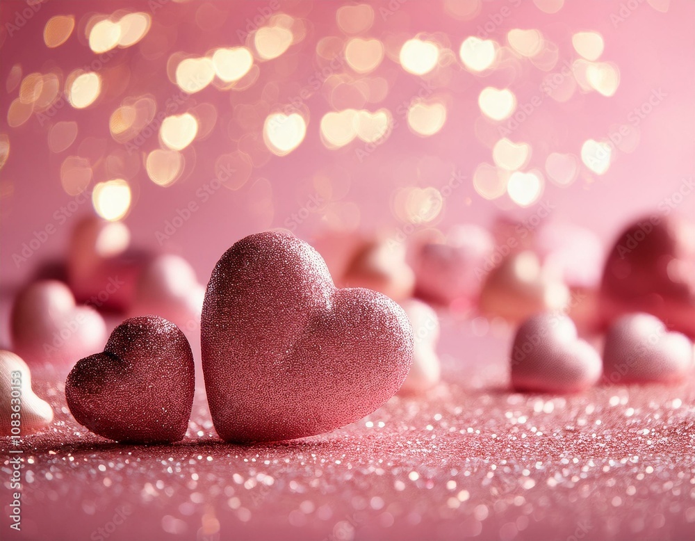 Fototapeta premium Valentine's day concept. pink background with pink glitter hearts and bokeh lights