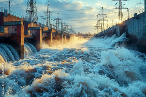 A Hydroelectric Power Station at Sunset Showcasing Energetic Water Discharge Amidst Electrical Towers