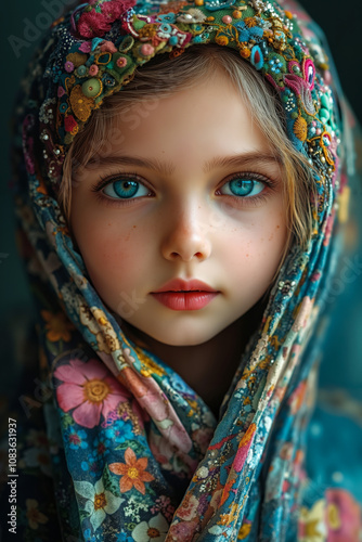 A young girl with blue eyes wearing a colorful headscarf photo