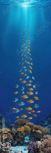 Deep ocean scene with coral reefs and fish ascending vertically