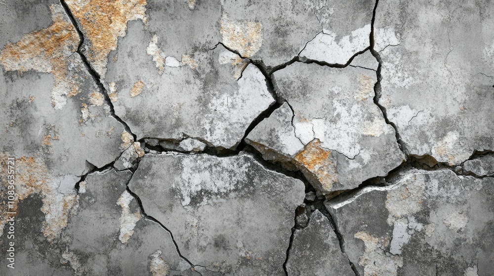 Obraz premium Detailed Close-up of Weathered Concrete Wall with Cracks and Rusty Stains Highlighting Textures of Decay and Ageing in Urban Environments