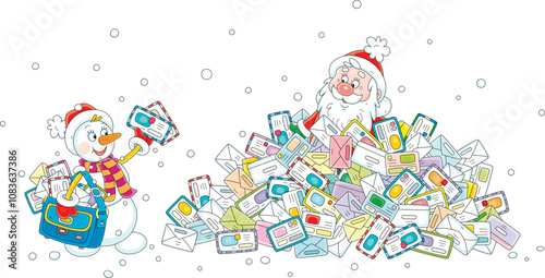 Funny snowman postman and Santa Claus in a heap of envelopes with letters and postcards from little children, vector cartoon illustration on white