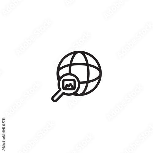 Search image on globe icon. A magnifying glass with an image icon, pointing at a globe, symbolizing searching for images on a global scale. Editable icon.