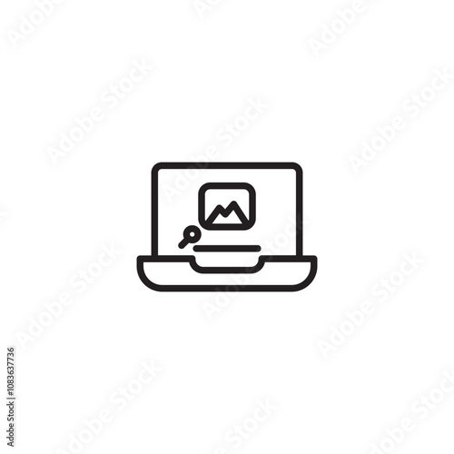 Search image on laptop icon. A magnifying glass icon within a laptop screen with a picture frame, symbolizing searching for images on a computer. Editable icon.