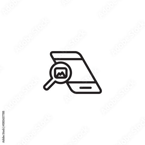 Find image on phone icon. A magnifying glass icon with an image inside, pointing at a smartphone, symbolizing searching for images on a mobile device. Editable icon.
