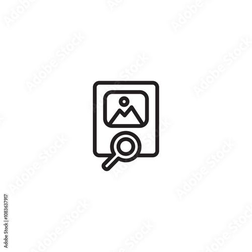 Find to image on icon. A magnifying glass icon pointing at a picture frame, symbolizing searching for or zooming in on an image. Editable icon.