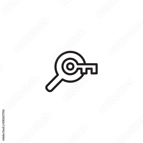 Key find on icon. A magnifying glass icon with a key inside, symbolizing searching for or finding a key. Editable icon.
