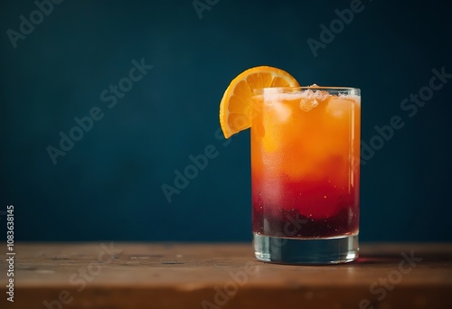A colorful cocktail with a slice of orange in a glass against a dark blue background
