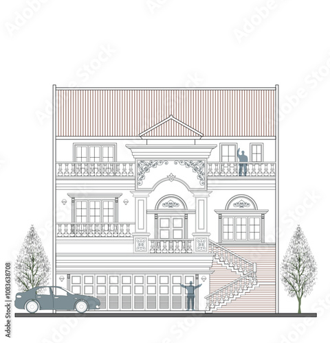 Facade of 3 storeys asymmetrical modern classic house with 2 doors, 5 windows, long balustrade, frame, 2 columns, decoration, canopy, crowns, balcony and triangular roof.