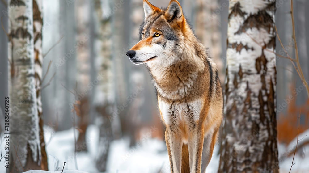 Fototapeta premium A wolf standing gracefully in a snowy forest, showcasing its natural beauty and habitat.