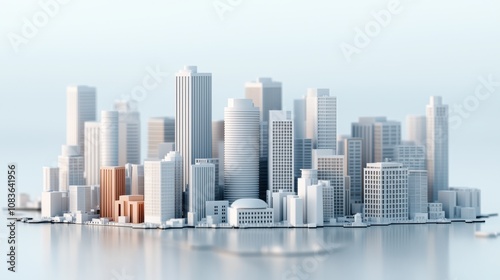 A sleek, modern city skyline reflected in water, featuring a mix of high-rise buildings with varied architectural designs.