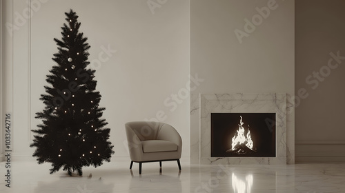A background with a Christmas tree and sofa next to the fireplace