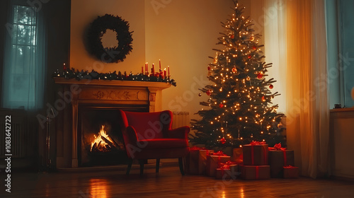 A background with a Christmas tree and sofa next to the fireplace