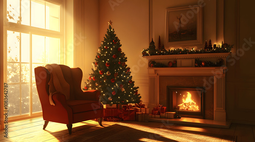 A background with a Christmas tree and sofa next to the fireplace