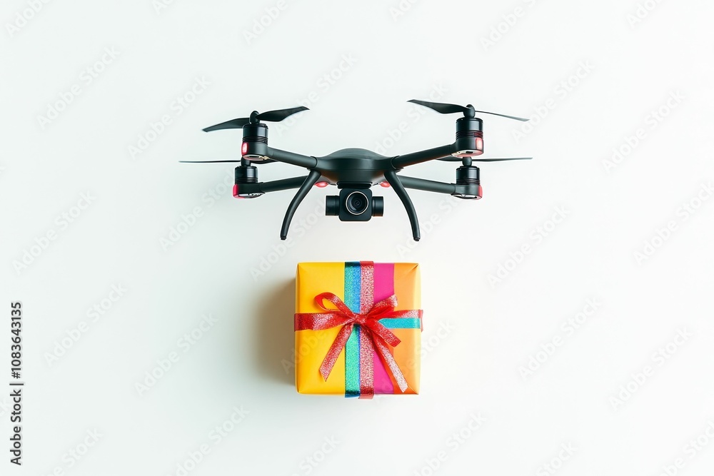 Fototapeta premium A drone and a colorful present on white background.