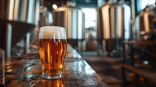 Brewery interior with large steel fermenters in the background, a half-filled pint of craft beer on a workbench with brewing equipment scattered around photo