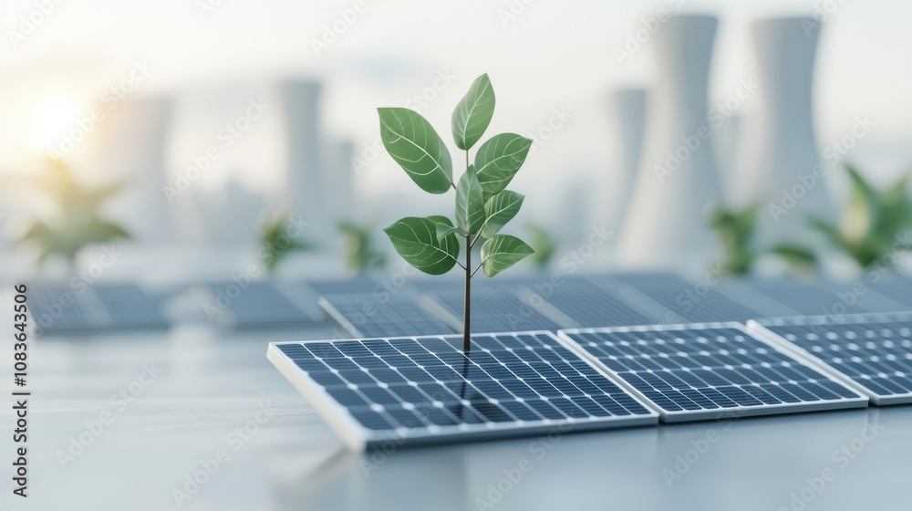 Fototapeta premium A green plant emerges from solar panels, symbolizing the harmony between renewable energy and nature, highlighting sustainability and ecological advancement.