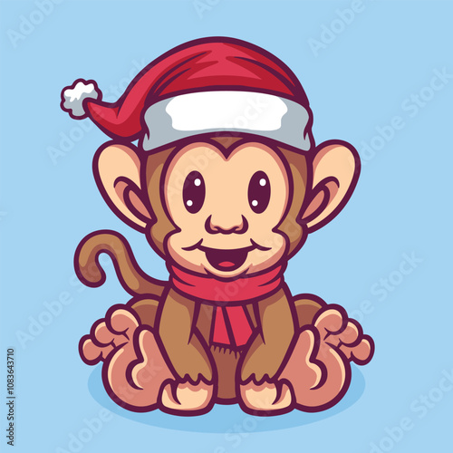 Cute christmas monkey cartoon hand drawn illustration