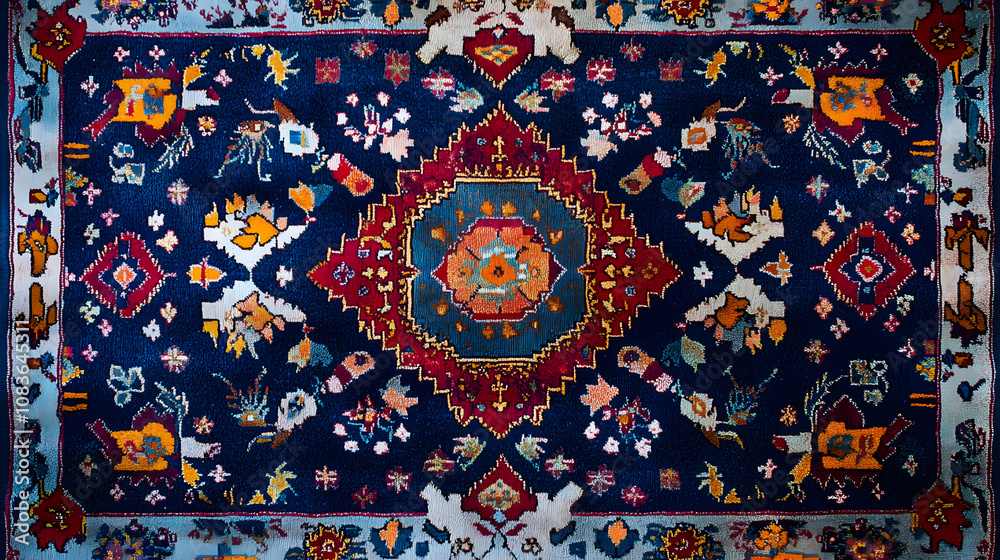 Fototapeta premium An Intricate View of a Colorful Turkish Carpet Featuring Enchanted Patterns and Natural Themes