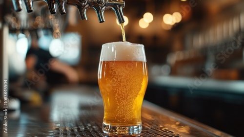 Pouring IPA beer into a tall glass golden color with bubbles rising intense hop aroma filling the room brewery bar setting visible in the background photo