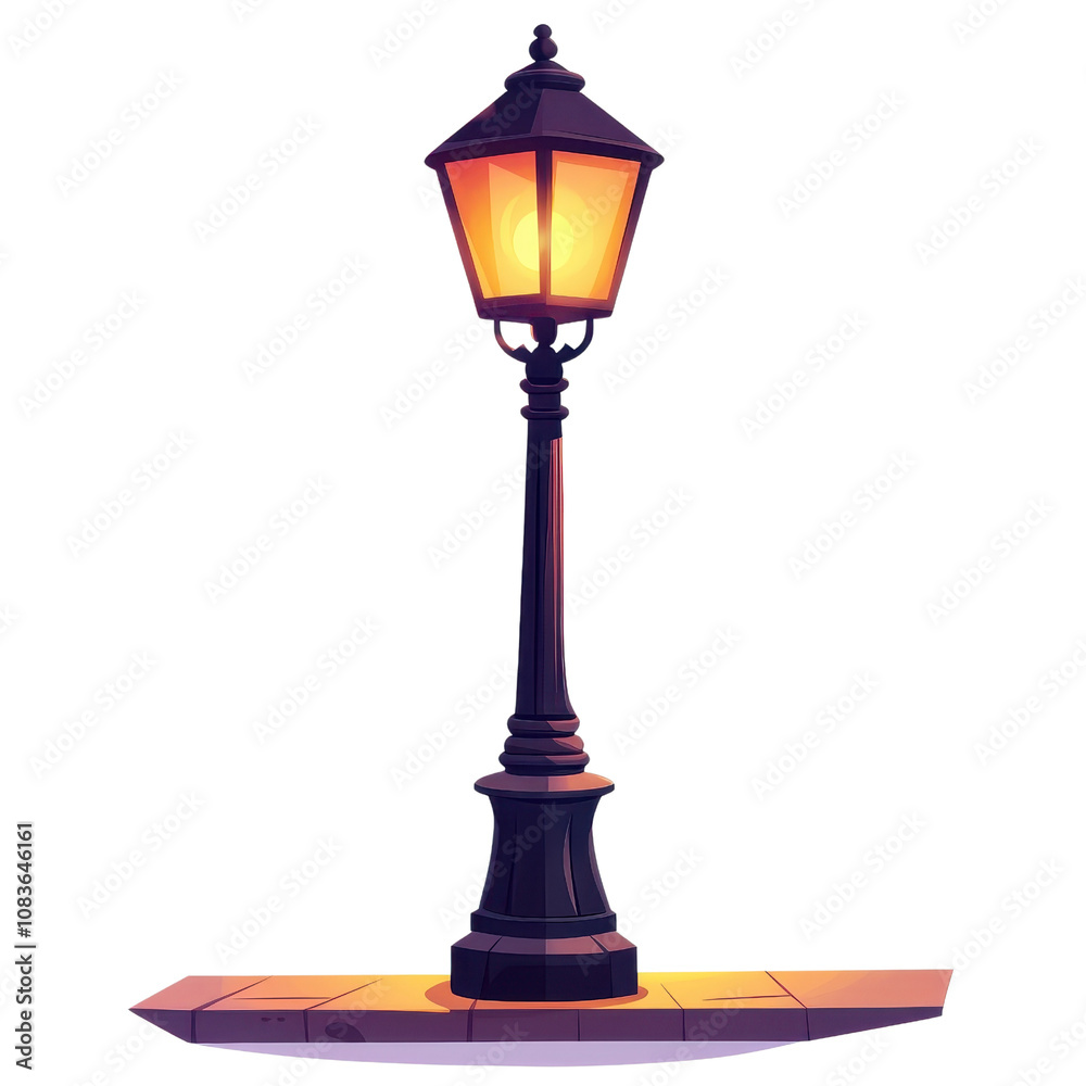 Fototapeta premium Flat style illustration of a vintage lamp post, glowing softly, isolated on white background. cutout png