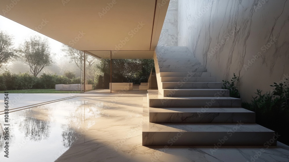 Fototapeta premium Modern Marble Staircase Leading to a Glass-Walled Room with a Pool View