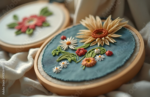 Artisanal Wooden Embroidery Hoops with Organic Pattern in Muted Tones photo