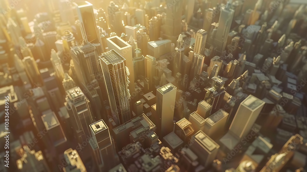 Obraz premium Aerial view of a bustling city skyline at sunset, showcasing tall buildings and urban architecture.