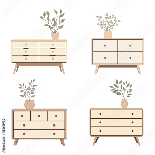 Contemporary ladies' chest of drawers with flowers in a vase. Commode modern. Bedroom interior in a flat style. Furniture for the bedroom and living room. Vector illustration