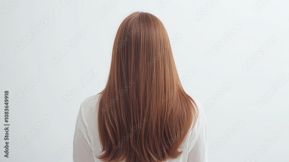 Fototapeta premium Beautiful model girl with Brown hair strand,silky healthy chestnut wavy hair strand,hair wavy ribbon, with smooth,Keratin straightening,Treatment,straight long hair,procedures,Smooth hairstyle.
